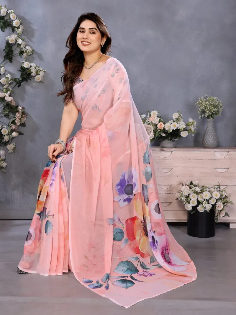Soft Pastel Pink Watercolor Floral Print Organza Saree (Hover)