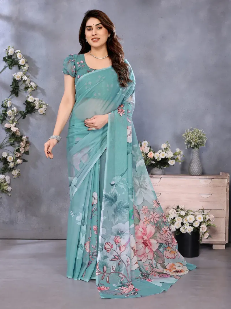 Dusty Sea Green Watercolor Floral Print Organza Saree