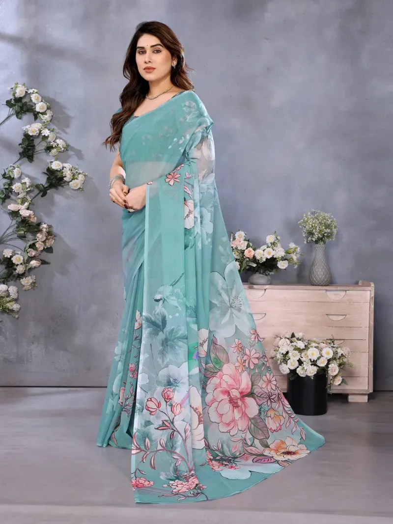Dusty Sea Green Watercolor Floral Print Organza Saree (Hover)