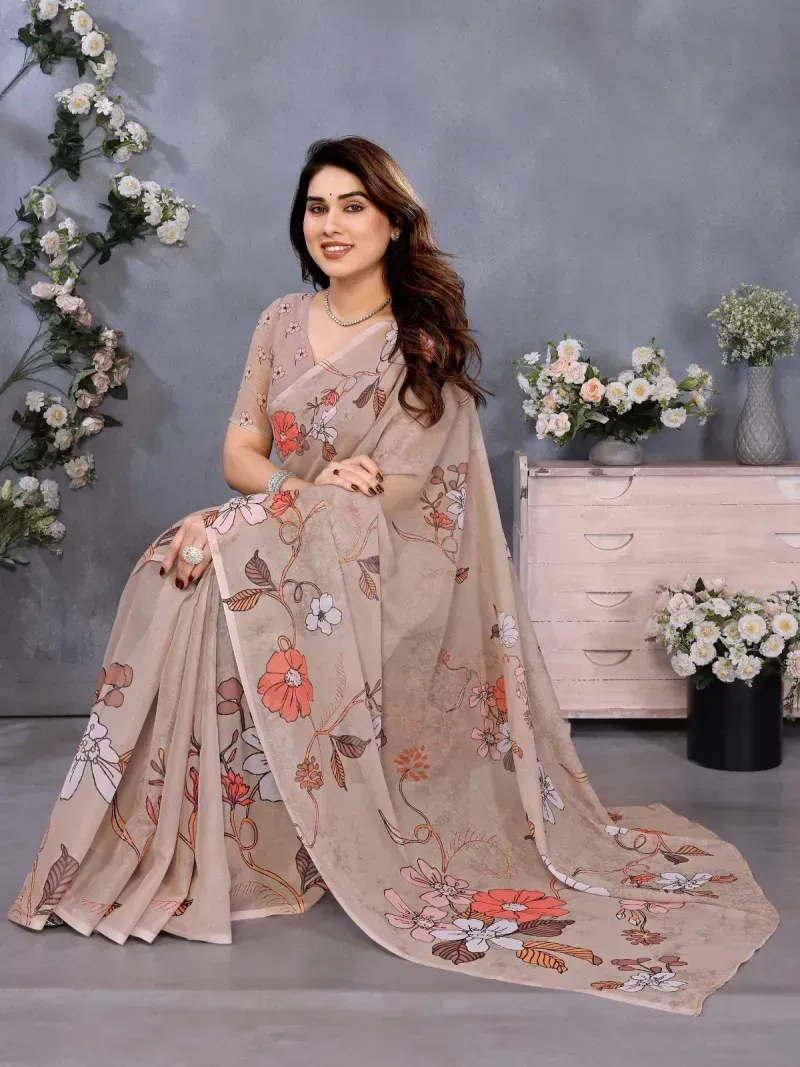 Beige Hand-Painted Floral Print Organza Saree (Hover)