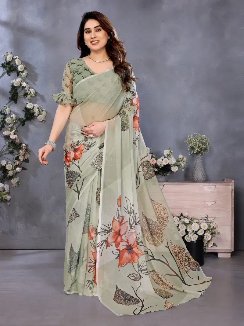 Pale Sage Green Watercolor Floral Print Organza Saree