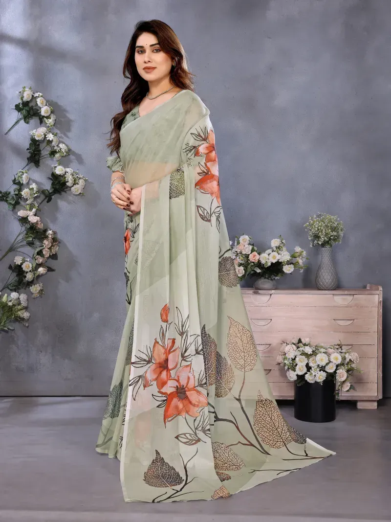 Pale Sage Green Watercolor Floral Print Organza Saree (Hover)