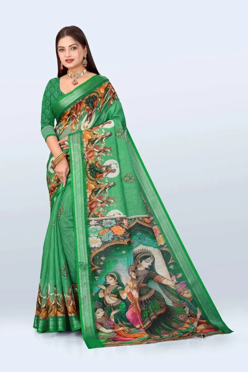 Vibrant Emerald Green Traditional Royal Court Mural Print Linen Saree (Hover)