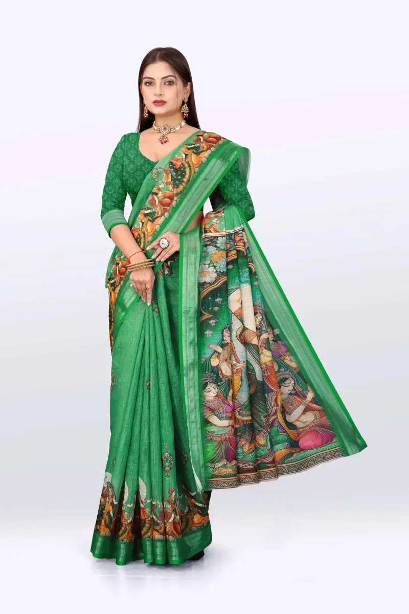 Vibrant Emerald Green Traditional Royal Court Mural Print Linen Saree