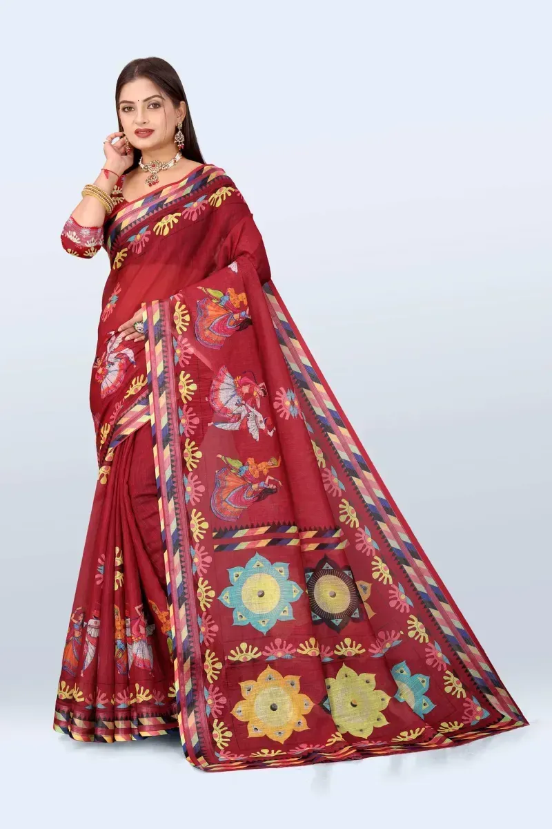 Deep Maroon Traditional Dancing Figures and Geometric Print Linen Saree