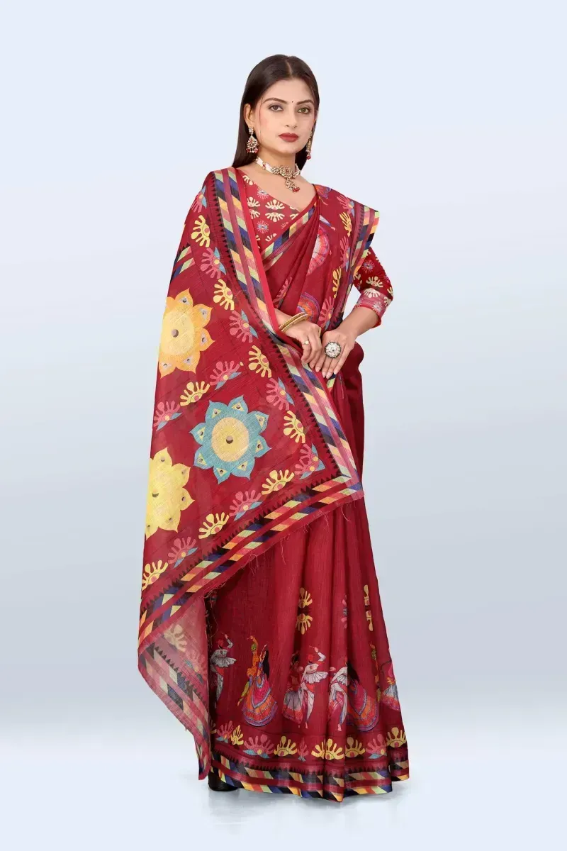 Deep Maroon Traditional Dancing Figures and Geometric Print Linen Saree (Hover)