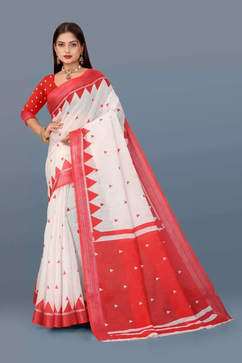 White Linen Saree with Red Triangle Prints and Broad Border (Hover)