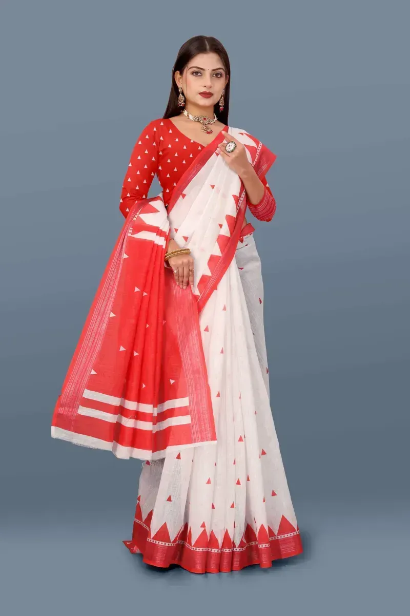 White Linen Saree with Red Triangle Prints and Broad Border