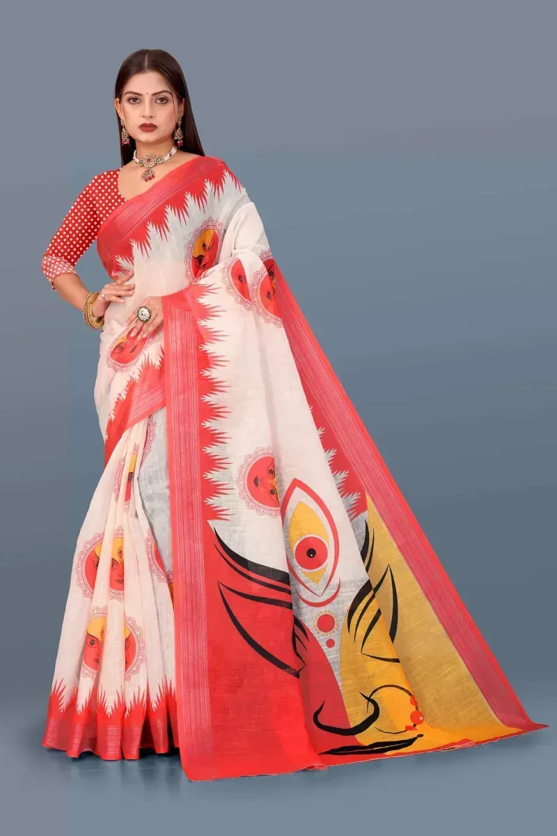 White Linen Saree with Durga Face Print and Red Border (Hover)
