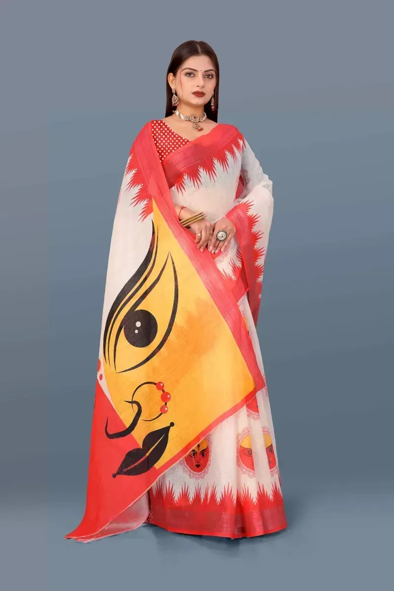 White Linen Saree with Durga Face Print and Red Border