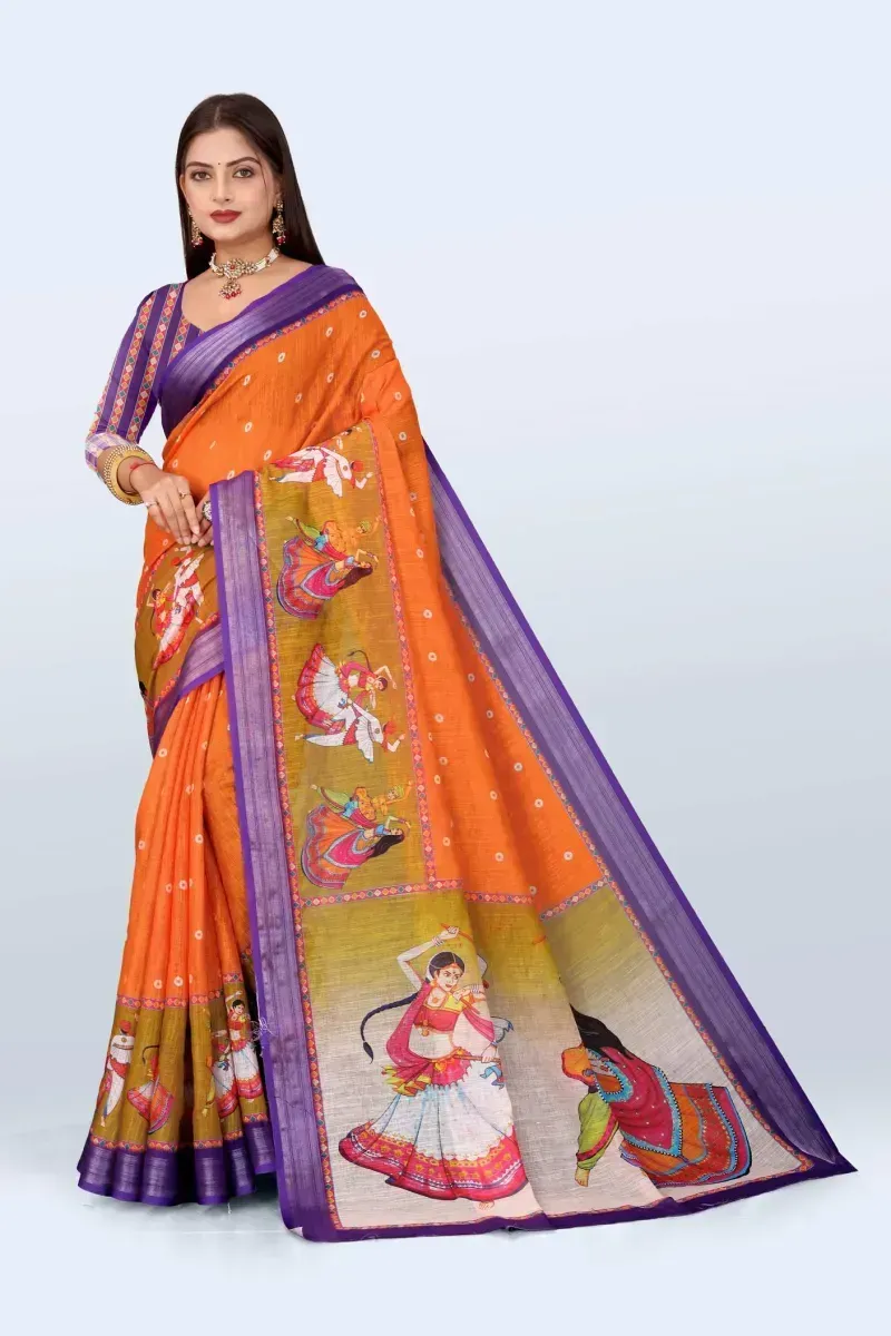 Vibrant Orange Dandiya Print Linen Saree with Purple Border