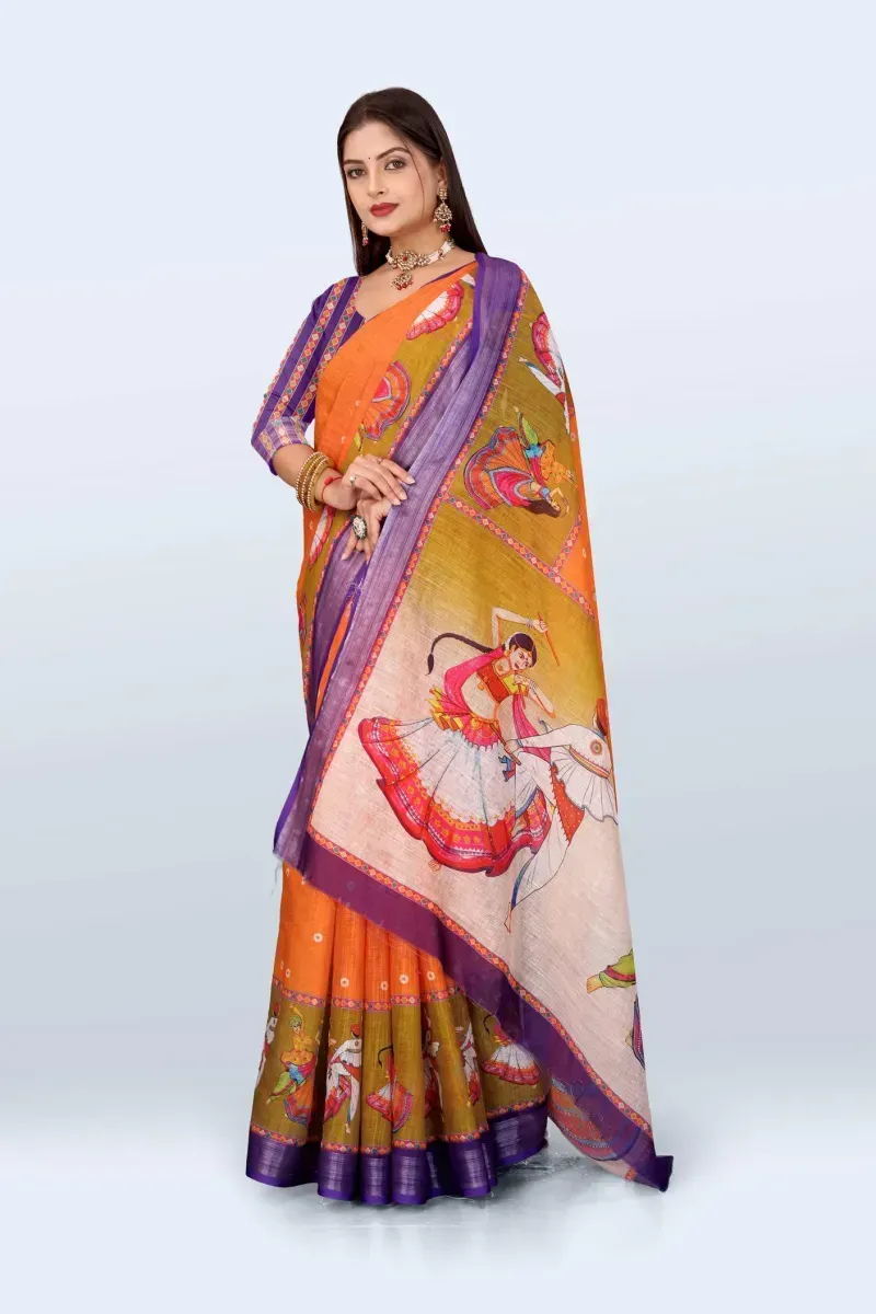 Vibrant Orange Dandiya Print Linen Saree with Purple Border (Hover)