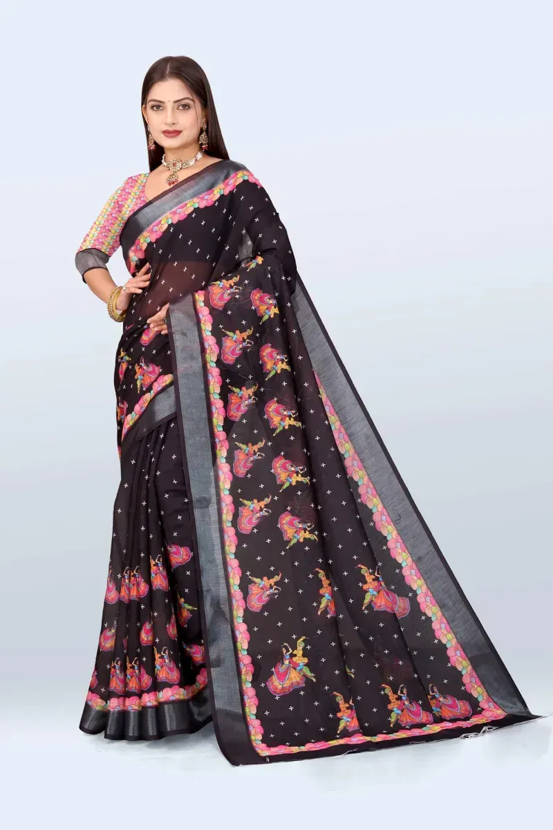 Black Linen Saree with Multicolored Dancing Figure Folk Art Print (Hover)