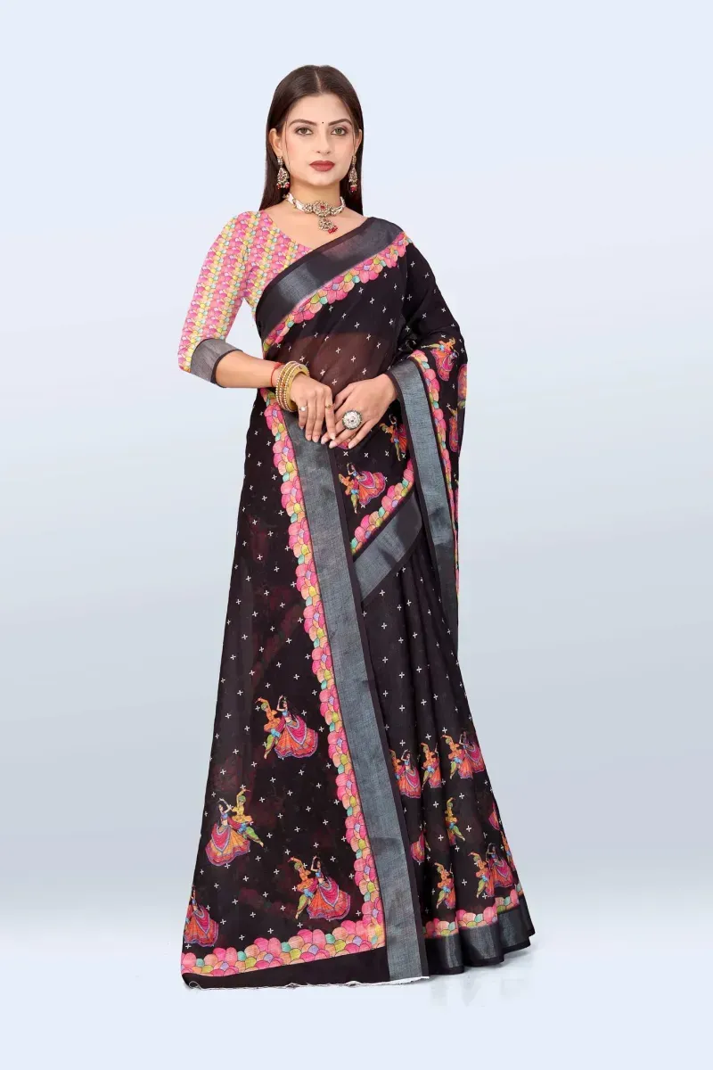 Black Linen Saree with Multicolored Dancing Figure Folk Art Print