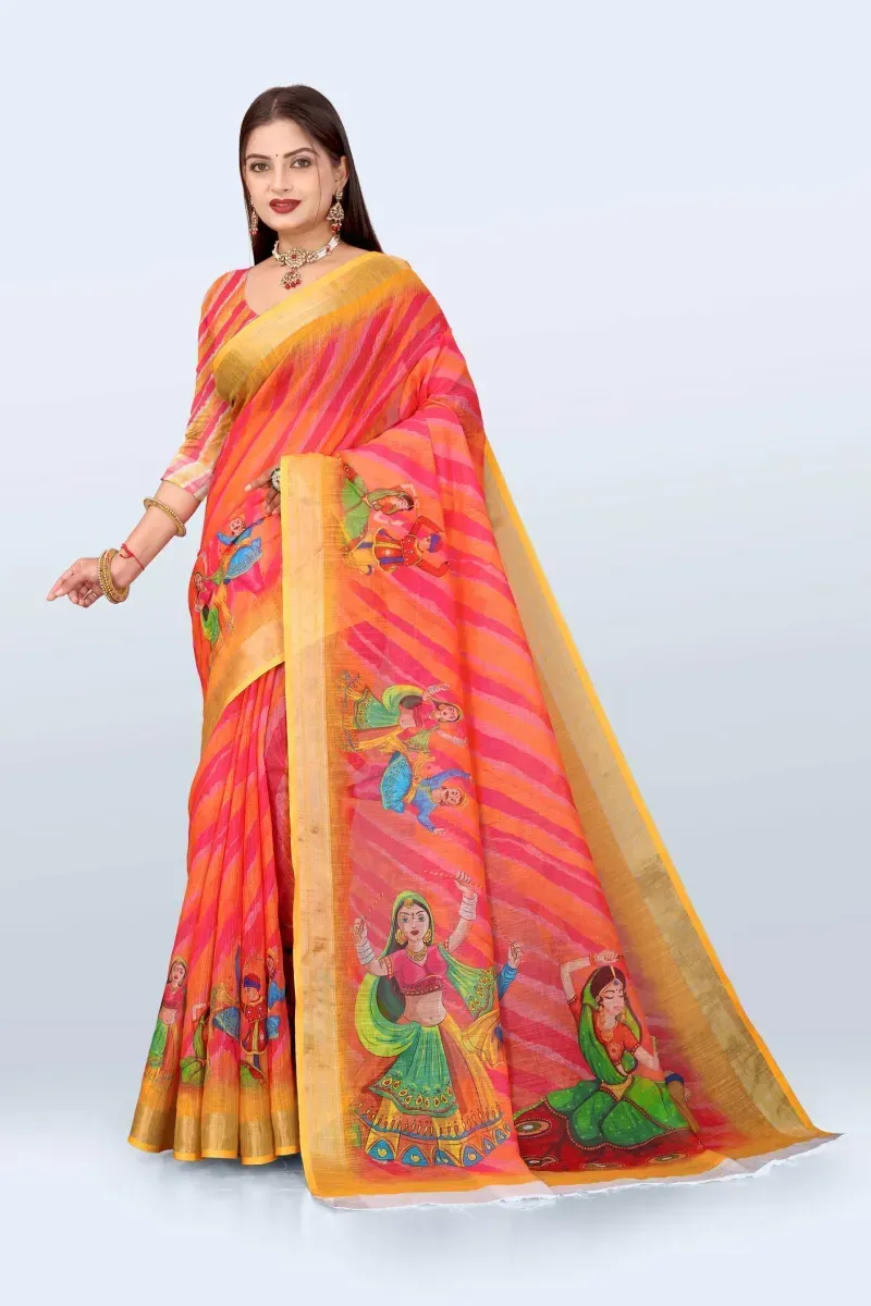 Vibrant Orange and Pink Leheriya Print Folk Art Linen Saree