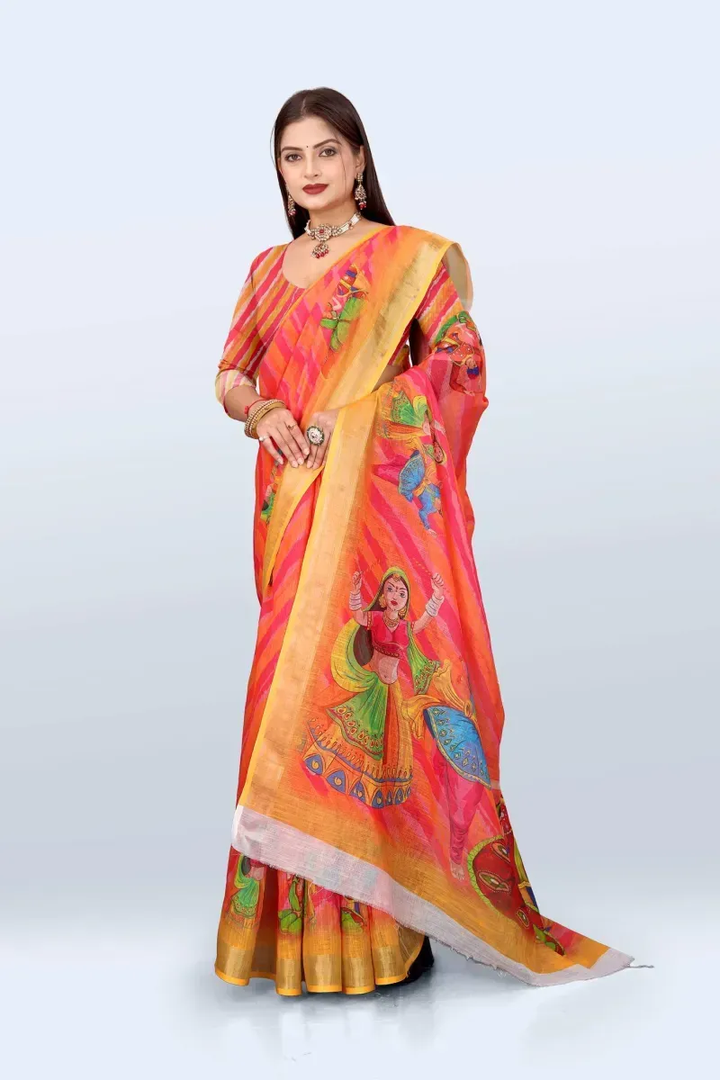 Vibrant Orange and Pink Leheriya Print Folk Art Linen Saree (Hover)