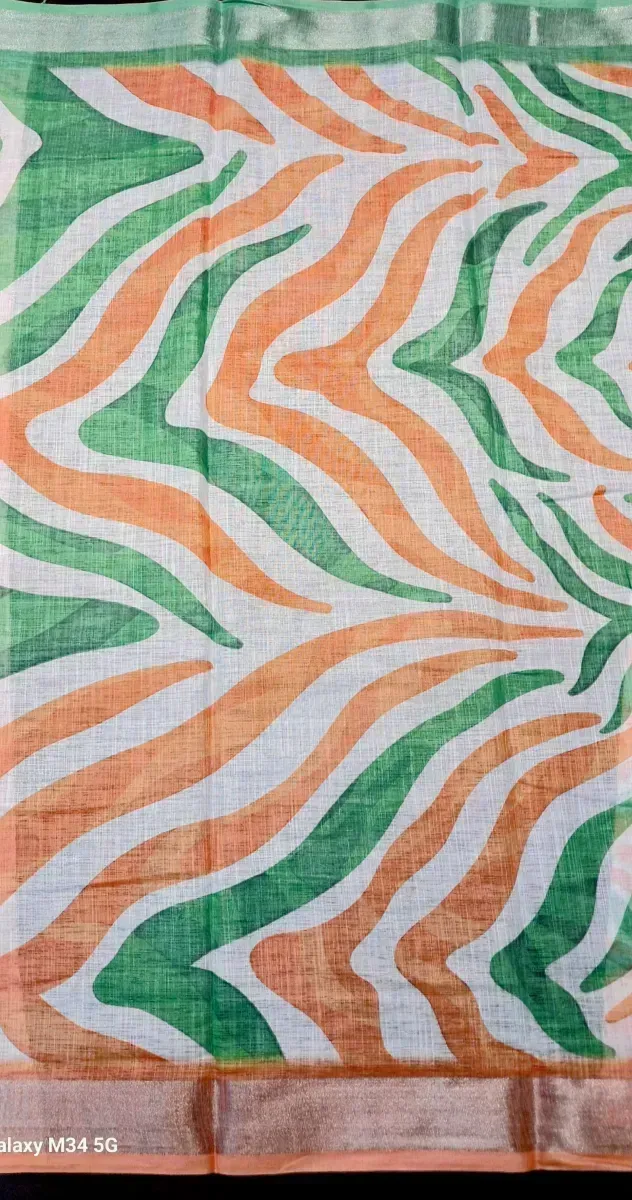 White Linen Saree with Wavy Green and Orange Abstract Stripes (Hover)