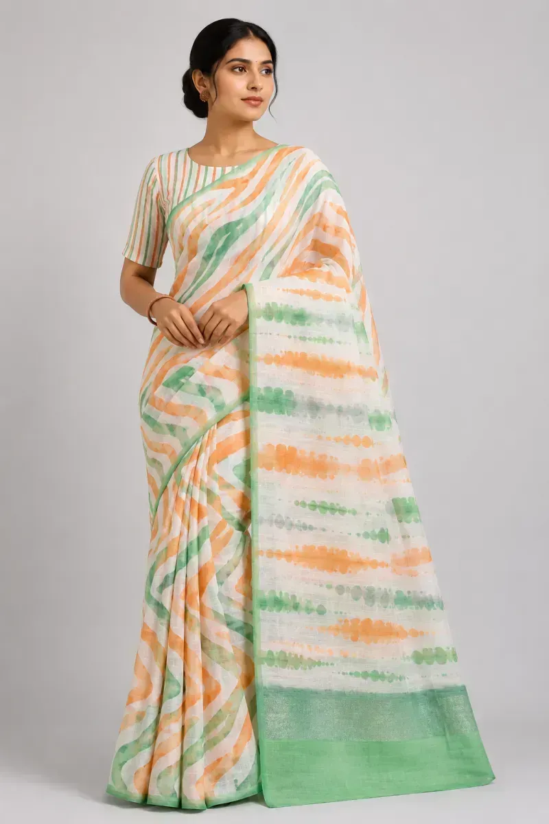 White Linen Saree with Wavy Green and Orange Abstract Stripes