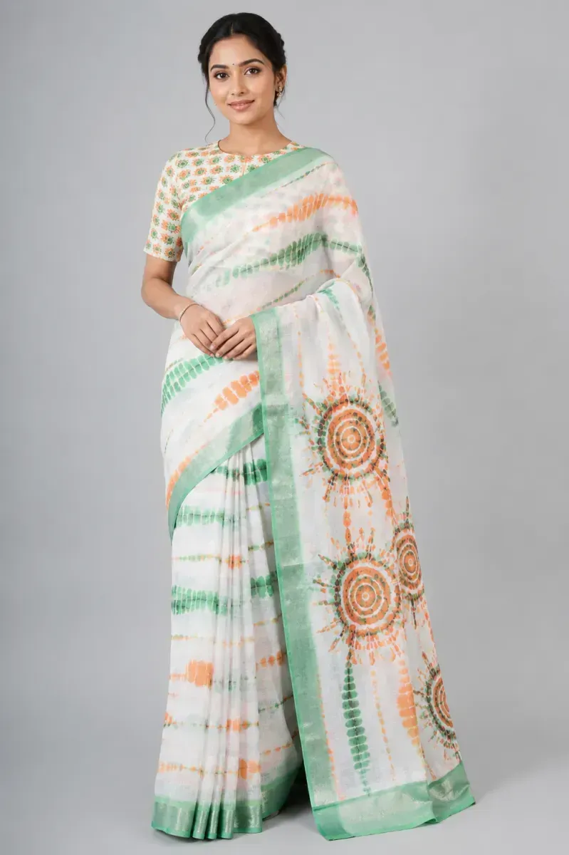 White Linen Saree with Orange and Green Shibori Print