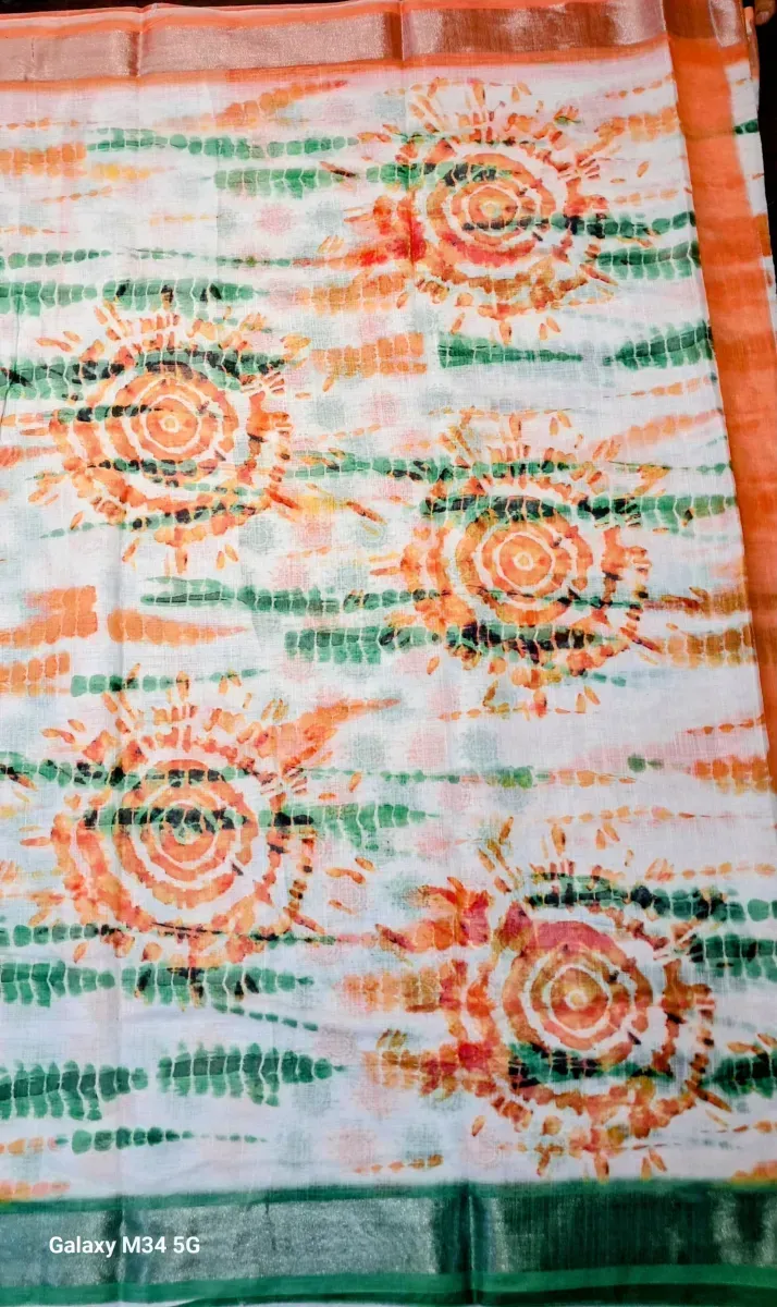 White Linen Saree with Orange and Green Shibori Print (Hover)