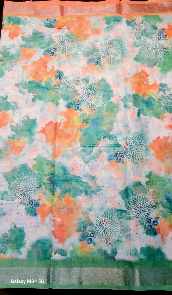 White Linen Saree with Orange and Green Watercolor Abstract Print (Hover)