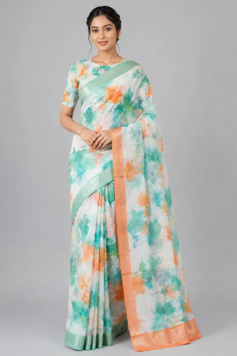 White Linen Saree with Orange and Green Watercolor Abstract Print
