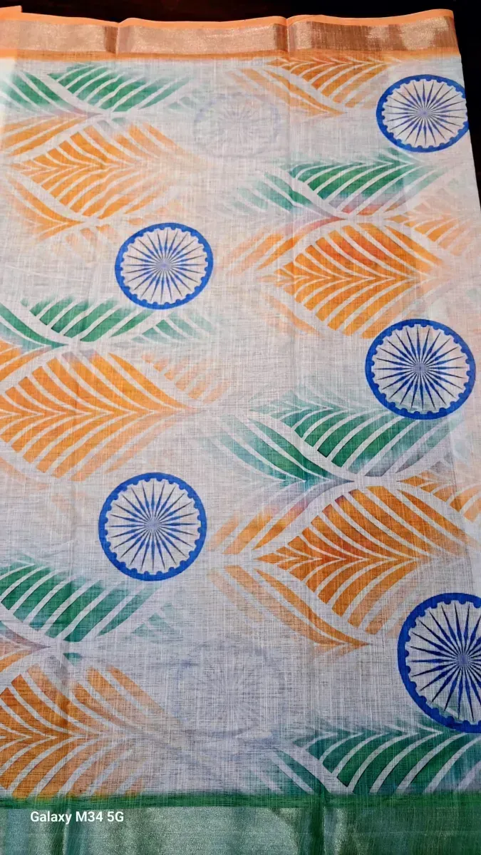 White Linen Tricolor Saree with Geometric and Ashoka Chakra Print (Hover)