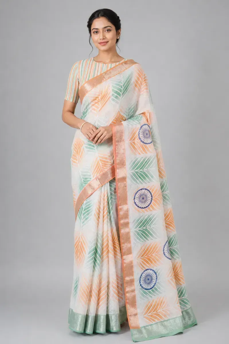 White Linen Tricolor Saree with Geometric and Ashoka Chakra Print